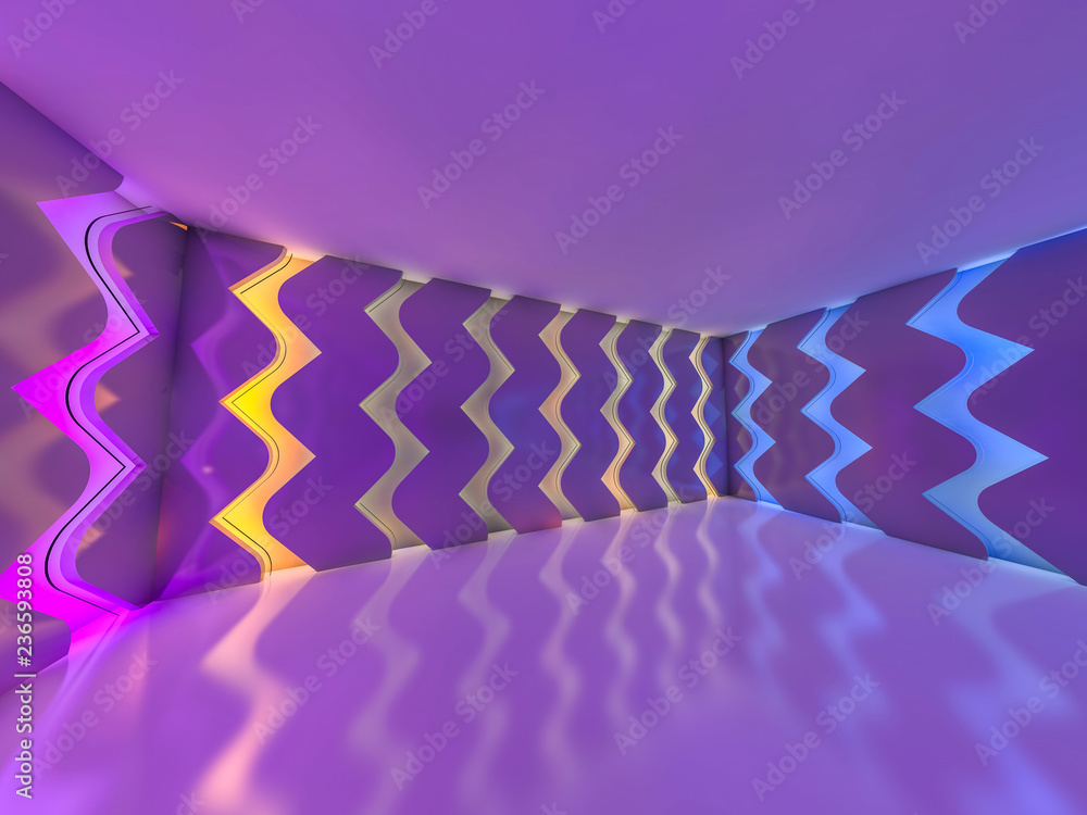 Poster background of an empty room with walls and neon light. neon rays and glow. 3d
