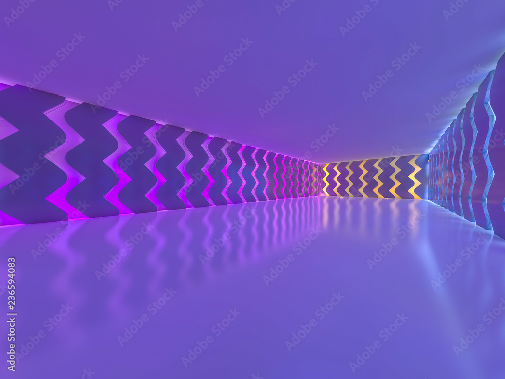 Poster background of an empty room with walls and neon light. neon rays and glow. 3d