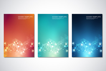 Vector template for cover or brochure, with molecules background and neural network. Abstract geometric background of connected lines and dots. Medical or scientific and technological concept.