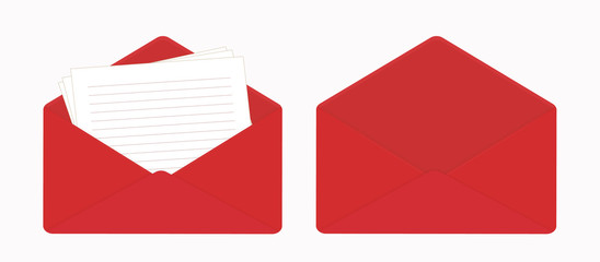 Letter in open red envelope, blank sheets of paper, empty envelope.