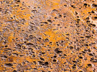Many rugged holes on the rusty color concrete floor