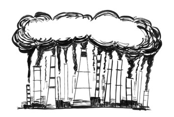 Black brush and ink artistic rough hand drawing of smoke coming from industry or factory smokestacks or chimneys into air. Environmental concept of air pollution.