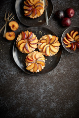 Delicious homemade mini tarts with fresh sliced plum fruit. Sprinkled with icing sugar. Placed on black ceramic plates with fresh pieces of plums on sides. Dark rusty background from top.