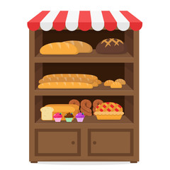 Bäckerei Verkaufsregal mit Backaren Flat Design isoliert auf weißem Hintergrund