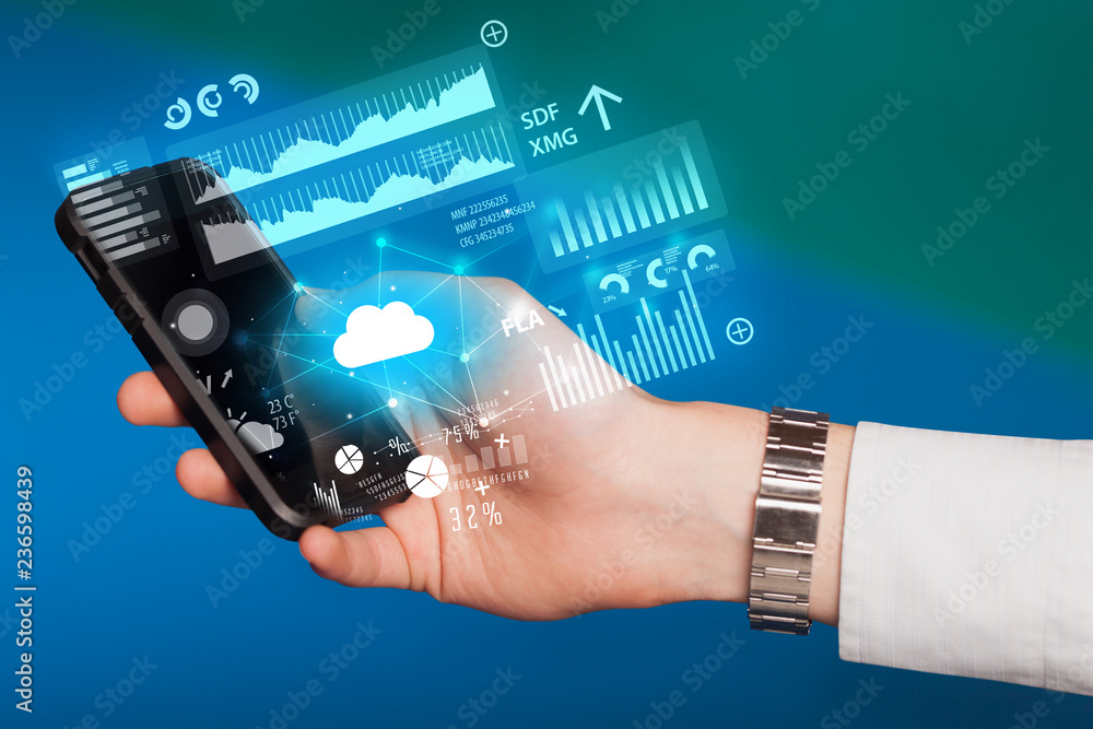 Poster hand using phone with cloud technology and linked information concept