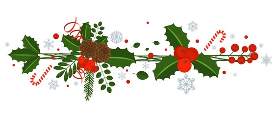 Holly berry, pine branch and cones, snowflakes, serpentine and caramel cane. Decoration for traditional wreath on door to Christmas, New year. For greeting card, vignette, banner, email for holiday.