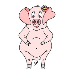 Beautiful colorful funny pig girl with a flower, symbol of the upcoming 2019 year