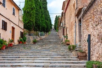 Fototapeta na wymiar Calvary Stairs in Pollensa, Mallorca, Balearic islands, Spain