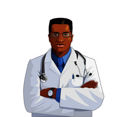 Vector illustration of young confident black doctor of medecine in white gown with stethoscope standing with crossed arms.