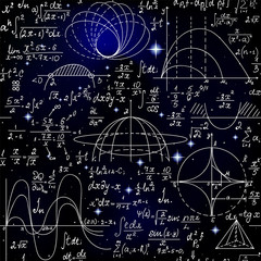 Mathematical vector seamless pattern with formulas, figures and calculations handwritten on the background of stars
