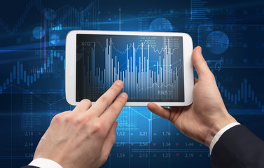 First person hand using tablet and checking financial report on cloud computing system
