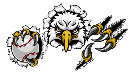 An eagle bird baseball sports mascot cartoon character ripping through the background holding a ball
