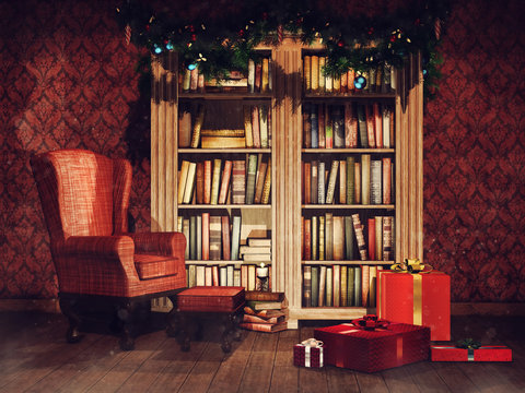 Vintage library room with an armchair, books, Christmas ornaments and colorful presents. 3D render.