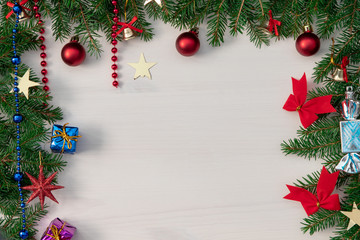 Naklejka na ściany i meble Christmas and New Year background on wooden board