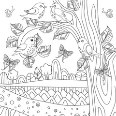 happy summer nature scenery with birds for your coloring book