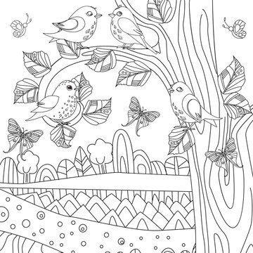 happy summer nature scenery with birds for your coloring book
