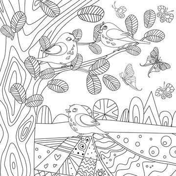 rustic landscape with trees and pretty birds for your coloring book