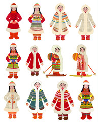 collection cartoon pictures of girls in traditional costume of northern peoples