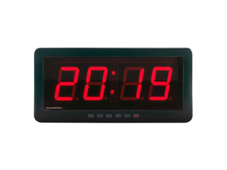 close up red led light illumination numbers 2019 on black digital electric alarm clock face isolated on white background, time symbol concept for celebrating the New Year