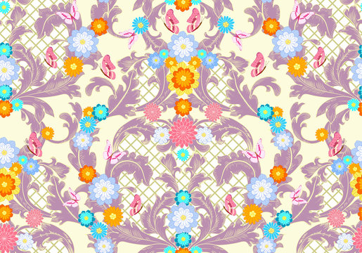 Baroque Floral Pattern With Butterflies And Flowers. Seamless Ba