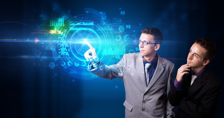 Man touching hologram screen displaying medical symbols and charts
