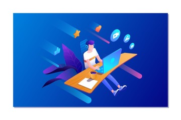 online dating and social networking concept. Man chatting on the Internet. Vector 3d isometric illustration