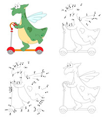 A happy green dragon is riding a scooter. Coloring book and dot to dot game for kids