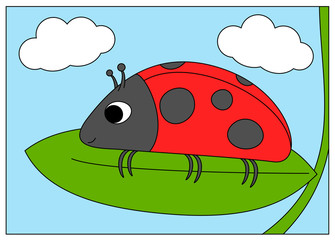 Cartoon ladybug sitting on a leaf high in the clouds
