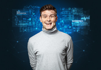 Biometric verification - young man face recognition concept