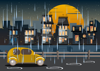 city in rain at night vector illustration