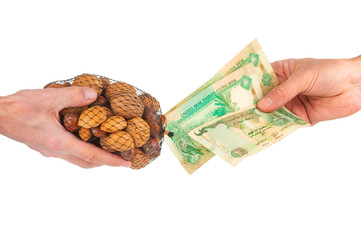 Hands holding Dirham banknotes and package with different nuts on white background