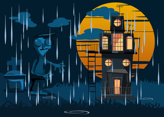 zombie and spooky house in rain vector illustration 