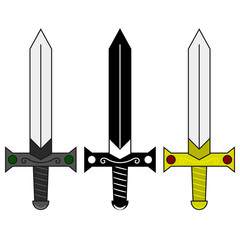 Collection of Cartoon Medieval Swords. Set of Decoration Weapon for Computer Game Design. Fantasy Knifes. Vector Illustration for Your Design, Game, Card.