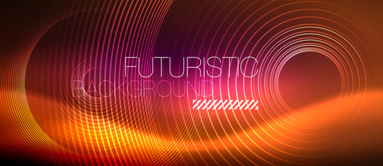 Neon glowing techno lines, hi-tech futuristic abstract background template with square shapes