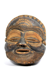 Tradional Antique Tribal Wooden Carved Mask Face on White Background