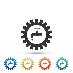 Gearwheel with tap icon isolated on white background. Plumbing work symbol. Set elements in colored icons. Flat design. Vector Illustration
