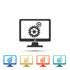 Monitor and gears icon isolated on white background. Monitor service concept. Adjusting app, setting options, maintenance, repair, fixing concepts. Colored icons. Flat design. Vector Illustration