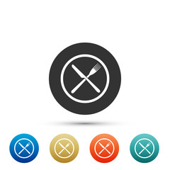 Crossed fork and knife on plate icon isolated on white background. Restaurant symbol. Set elements in colored icons. Flat design. Vector Illustration
