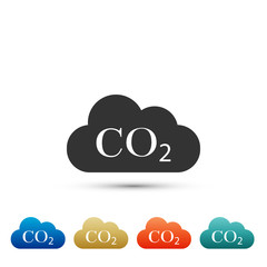 CO2 emissions in cloud icon isolated on white background. Carbon dioxide formula symbol, smog pollution concept, environment concept. Set elements in colored icons. Flat design. Vector Illustration