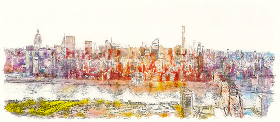 Aerial view of the Ed Koch Queensboro Bridge over the East River in New York City watercolor painting