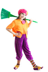 Cheerful little girl with a broom doing the cleaning in the fairy tale Little Red Riding Hood on a white background.