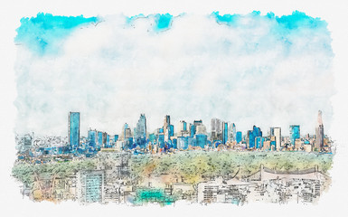 View of the Shinjuku skyline from Shibuya, Tokyo, Japan watercolor painting