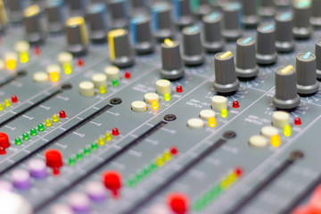 Close up Mixing Console of a big HiFi system, The audio equipment and control panel of digital...