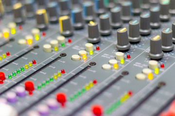 Close up Mixing Console of a big HiFi system, The audio equipment and control panel of digital studio mixer