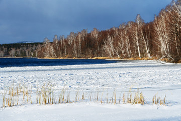 Lake Uvildy and Elm island before snowfall. Southern Urals, Chelyabinsk region, Russia
