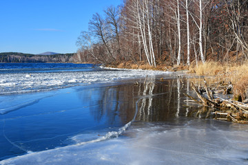 Natural monument-lake Uvildy in late autumn in clear weather, southern Urals, Chelyabinsk region,...