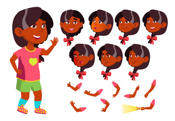 Girl, Child, Kid, Teen Vector. Indian, Hindu. Asian. Friend. Clever Positive Person. Face Emotions, Various Gestures. Animation Creation Set. Isolated Flat Cartoon Character Illustration