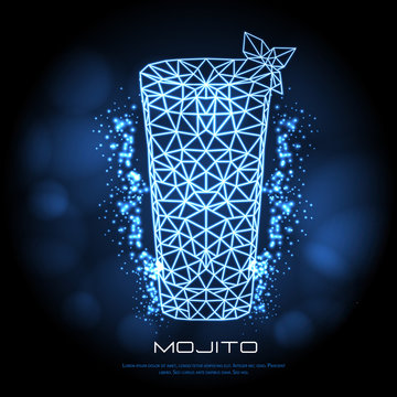 Hipster polygonal cocktail mojito neon sign. Triangle cocktail
