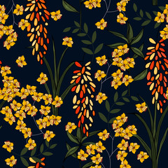 Blooming realistic isolated flowers. Hand drawn. Vector illustration. Retro Wild seamless flower pattern. Vintage background. Wallpaper.