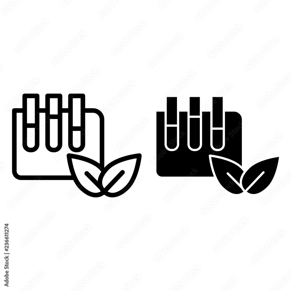 Poster lab tubes with eco sign line and glyph icon. laboratory flask with leaves vector illustration isolat